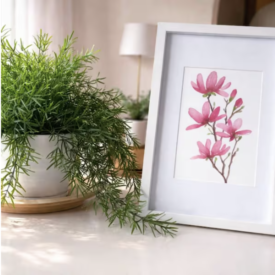 Pink magnolia watercolour print framed beside a plant — buyer photo