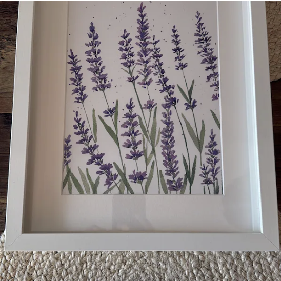 Lavender watercolour print in a white frame — buyer photo